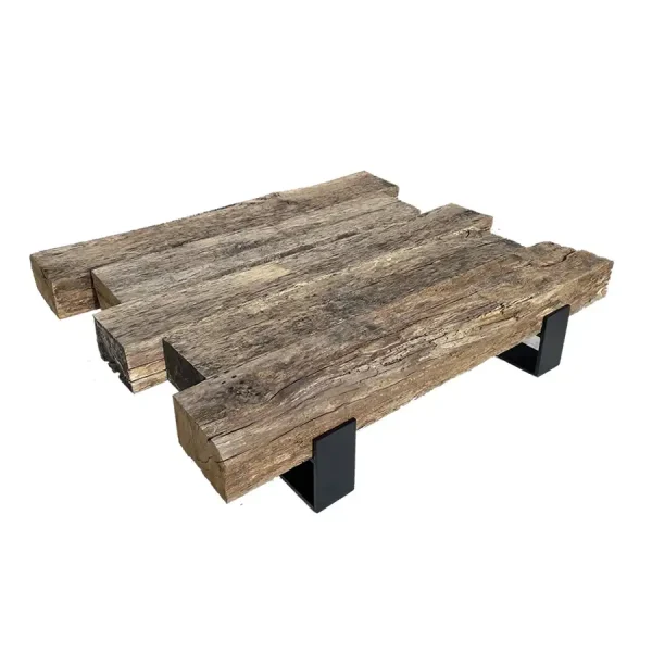 Table basse en poutre de bois (décalé) vieilli 130x100x26 cm Premium
